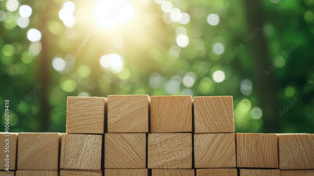 Poster the image features a stack of wooden blocks in a serene outdoor setting, illuminated by sunlight fil