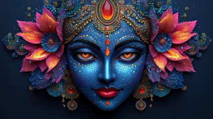 An artistic illustration of the goddess Kali on a dark blue background, perfect for greeting cards, banners, or posters celebrating Hindu festivals such as Durga Puja or Navratri.
