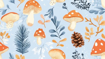 Watercolor seamless pattern of autumn forest elements with mushrooms, pine cones, and leaves in blue, brown, and orange tones.
