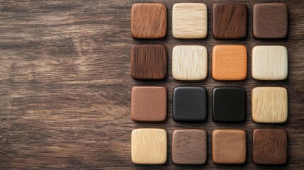 Fototapeta premium A variety of wooden squares arranged neatly on a wooden surface, showcasing different textures and colors.