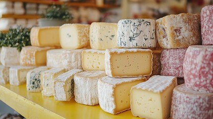 Fototapeta premium An assortment of cheeses sits against a yellow background, highlighting various types of delicious cheese, ideal for food-themed visuals.