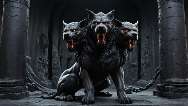 Cerberus, the three head guardian of the entrance to the underworld in Greek mythology. 

