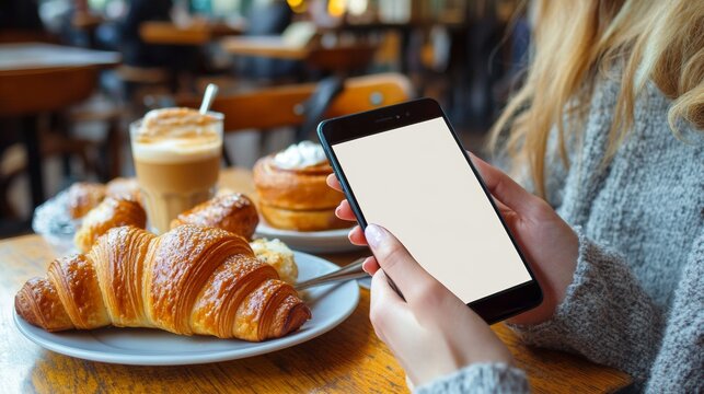 hands of a woman holding a cell phone with a white screen on a table in a bakery with bread on the table