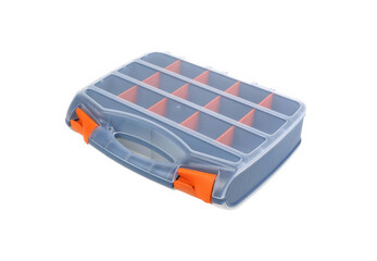 Plastic tool storage box with clear lid isolated on white background