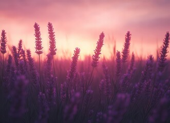 Fototapeta premium Lavender flowers in a field at sunset with soft light.