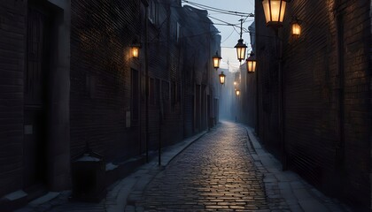 Atmospheric Twilight Alleyway with Cobblestone Street, Gas Lamps, and Foggy Atmosphere