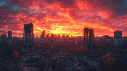 Obraz premium Apocalyptic city ruins under a red sky, showcasing the aftermath of destruction in a dystopian urban landscape.