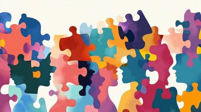 Colorful puzzle pieces representing diverse human profiles and connections in a vibrant, abstract style on a soft beige background, symbolizing unity and collaboration