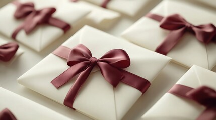Elegant White Envelopes with Burgundy Ribbons