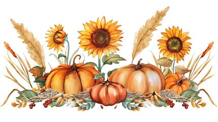 Naklejka premium Harvest Festival Watercolor Art with Pumpkins and Sunflowers