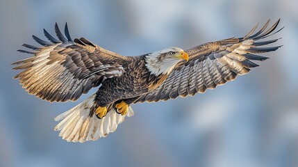 Bald eagle flying with the American flag, representing U.S. patriotism and symbols of freedom.