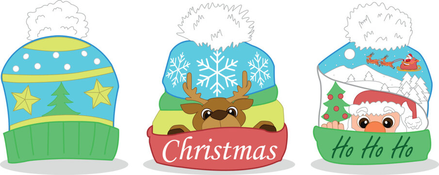 Winter Hat Christmas, Set Props for Kids, Cartoon Style Vector Illustration