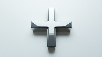 Obraz premium Chrome cross icon in 3D, displayed from a top-down perspective on a clean white background for a minimalist style.