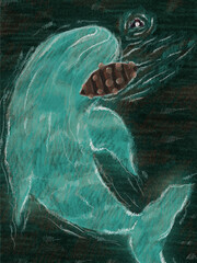 a whale in the sea with boat full of people in the dark night illustration. a hand painted digital art scenery.