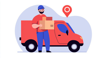delivery man holding boxes stands next to red delivery truck