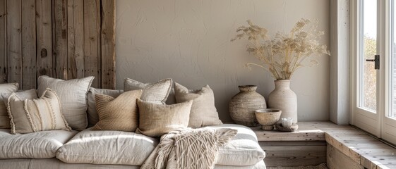 Cozy rustic living room with neutral tones, decorative pillows, and dried flowers in vases by a window for a serene, inviting atmosphere.