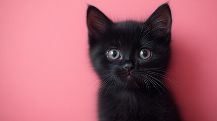 Obraz premium Black kitten peeking out of a pastel pink background, creating a playful pet-themed design.