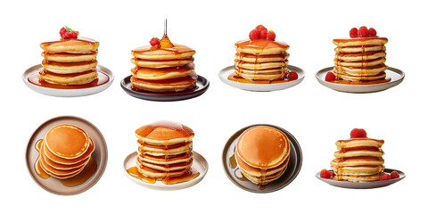 Stacked Pancakes with Syrup and Berries on Plates