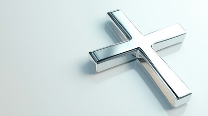 Elegant silver cross icon in 3D, top view with polished finish, isolated on a bright white background.