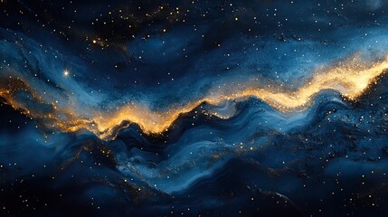 Blue oil paints with golden dots, creating a modern room wall decor concept.