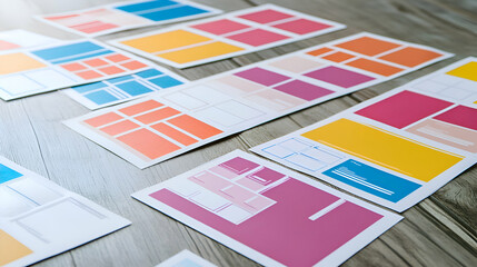 Colorful website layout designs scattered on a wooden table.