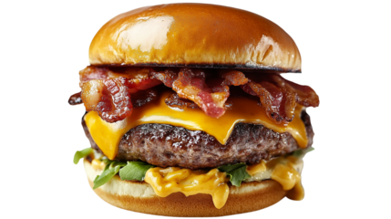 A large hamburger with bacon and cheese on it