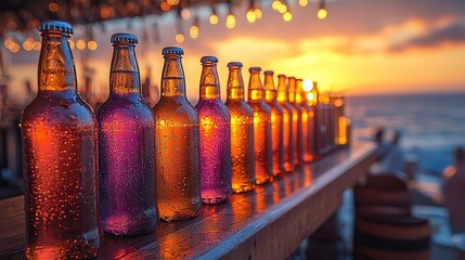 Bottles of craft beer set against a blurred sunset backdrop, capturing the essence of a picnic party or beer festival, ideal for International Beer Day or Oktoberfest-themed promotions.