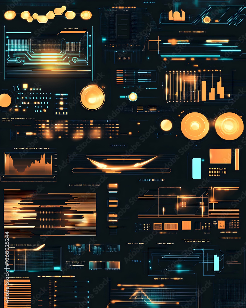 Poster futuristic user interface with digital displays and glowing elements.