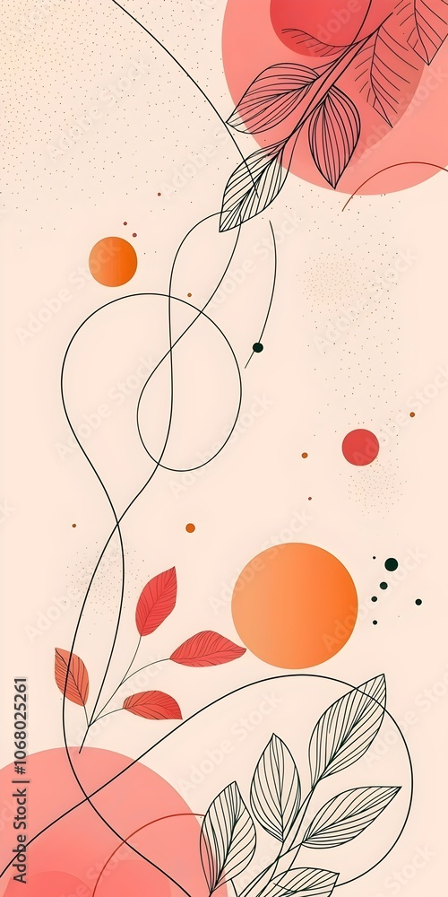 Poster a beautiful abstract design featuring delicate line drawings of leaves intertwined with circular sha