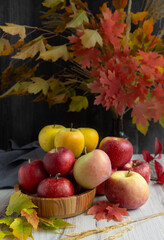 Heirloom apple varieties in an autumn setting with leaves