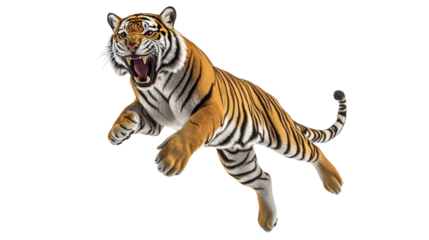 A tiger is leaping through the air with its mouth open, showing its teeth