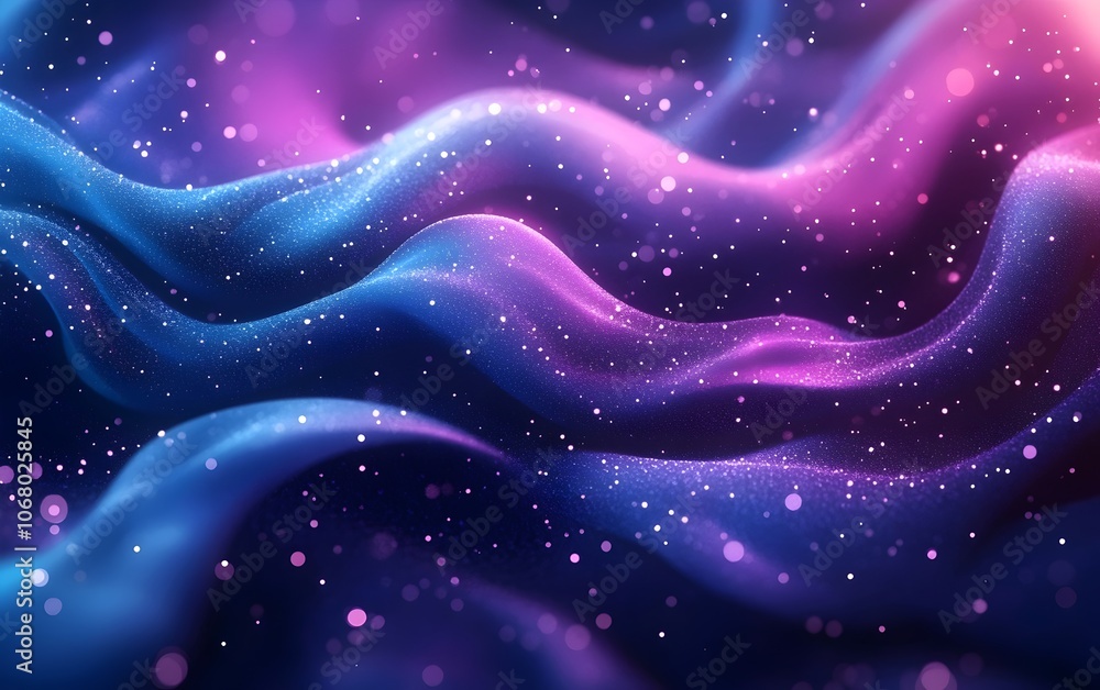 Poster a mesmerizing abstract wave of soft purple and blue hues with sparkling particles, creating a dreamy