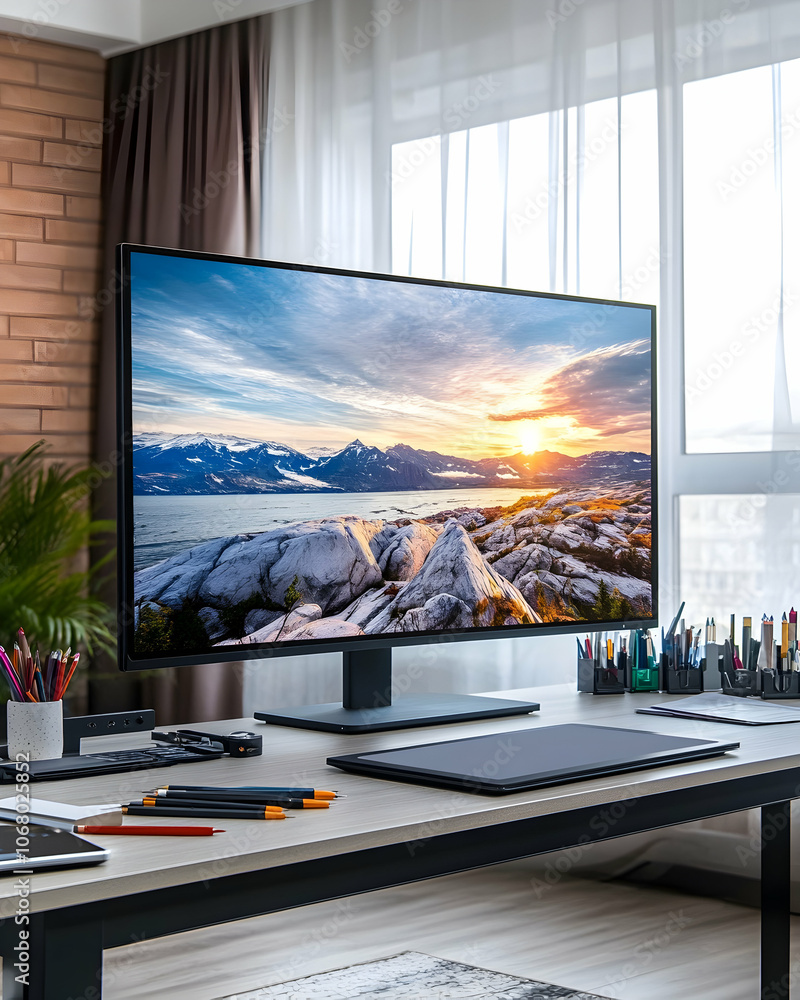 Poster modern home office desk with a computer monitor displaying a scenic landscape.