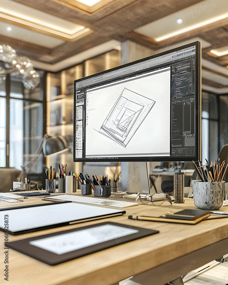 Poster modern home office desk with a computer screen displaying architectural plans.