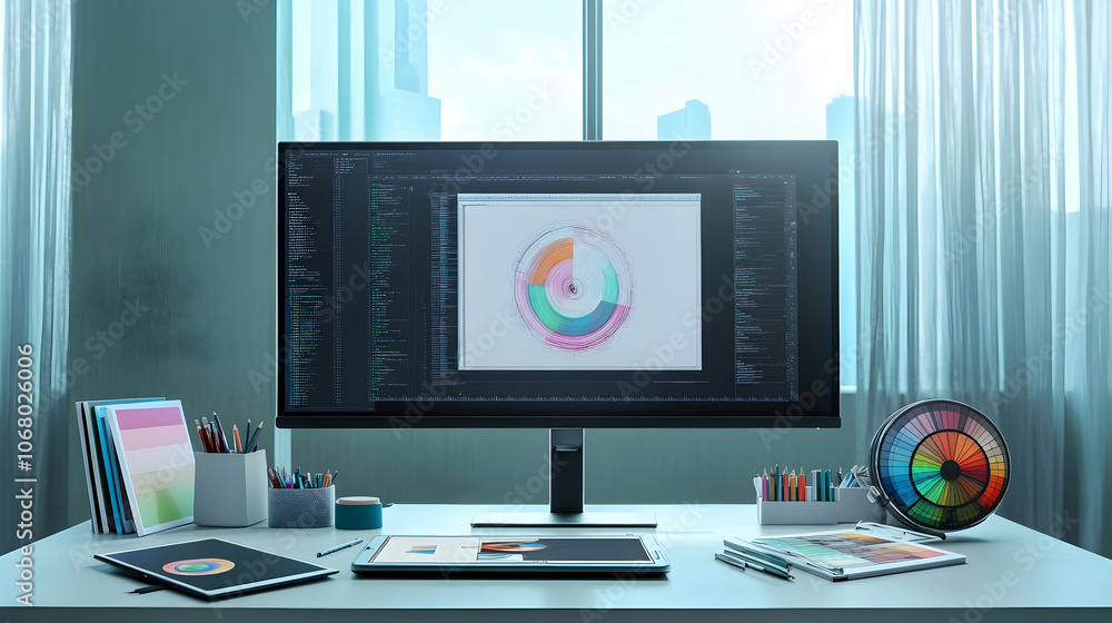 Poster modern workspace with a computer monitor, tablet, and various design tools, with a window view of th