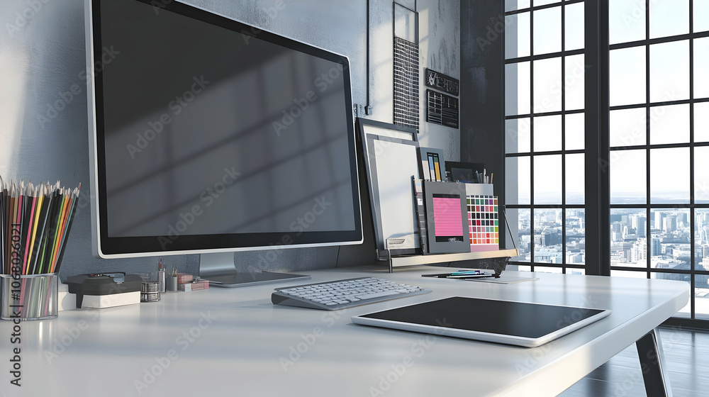 Poster modern workspace with a desktop computer, tablet, and various design tools.