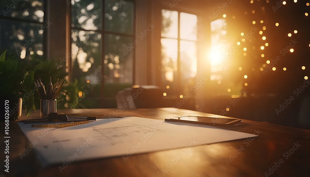 Poster a serene workspace with natural light streaming through windows, highlighting a desk with plants and