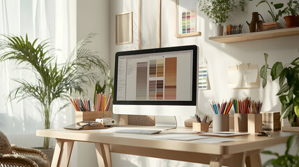 Modern workspace with computer, color palette, and plants.