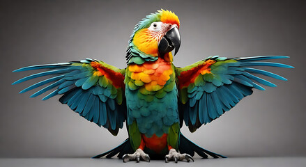 Fototapeta premium Dramatic Parrot with Open Beak and Spread Wings, Isolated on Plain Background for Bold Expression