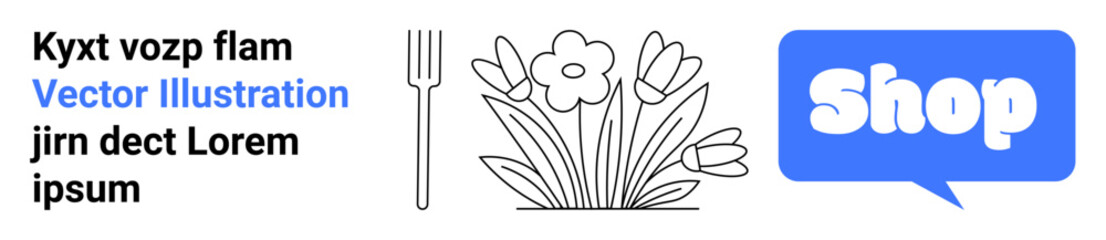 Black and white garden tools and flowers with a blue shop button. Ideal for gardening, e-commerce, nature, landscaping, and botanical themes. Banner for landing page