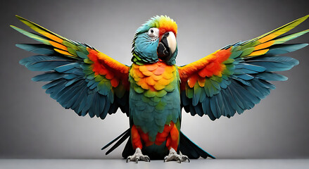 Dramatic Parrot with Open Beak and Spread Wings, Isolated on Plain Background for Bold Expression