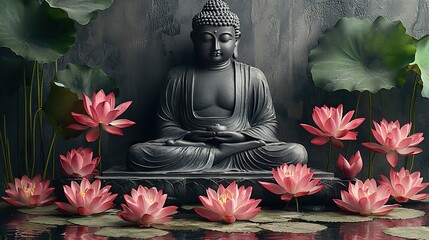 Buddha statue with pink lotus flowers on a black background, perfect for celebrating Vesak Day or Buddha's birthday.