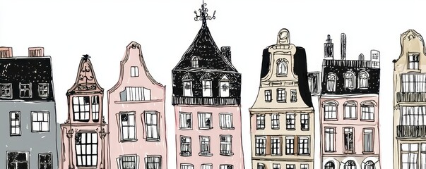 Fototapeta premium Whimsical Cityscape Illustration with Pastel Buildings and Hand-Drawn Lines