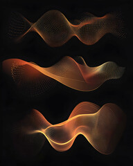 Set of three abstract orange waves on a black background.