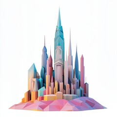 Low Poly 3D Render of a city with a famous landmark, like a tower or statue, on isolated white background