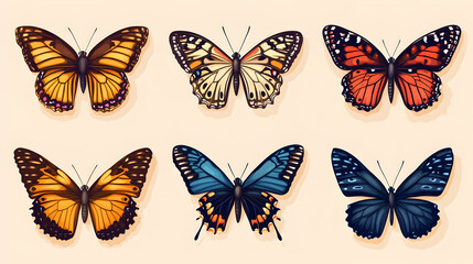 Obraz premium Six Colorful Butterflies Isolated on White Background.