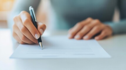 A hand holding a pen writes on a document, suggesting an act of signing, preparing, or creating written content.