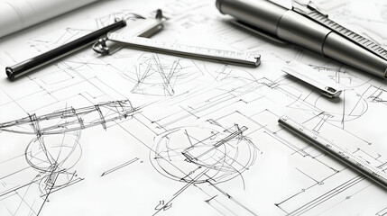 Technical drawing with drafting tools.