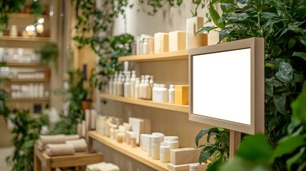 white billboard near a display of organic soaps and skincare products in a health store, with natural wood shelving, plants, and a calming, wellness-oriented feel