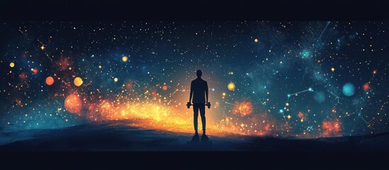 Fototapeta premium A lone silhouette stands before a vast, glittering galaxy, filled with stars, constellations, and a breathtaking cosmic display.
